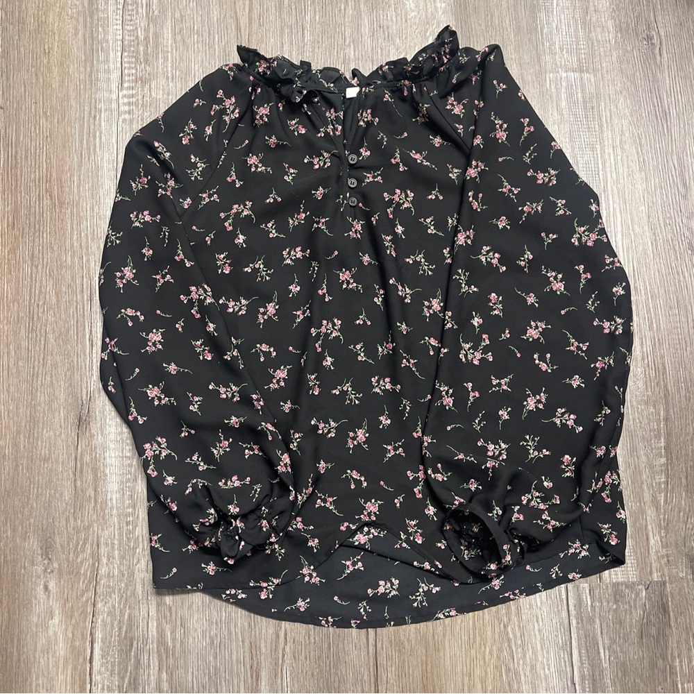 SOLD Pleione Floral Print Black Blouse With Buttons Size Small